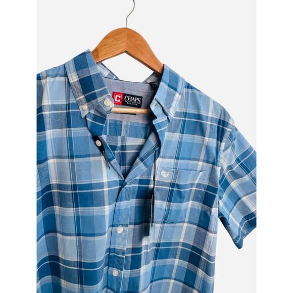 Chaps Men’s Blue Plaid Short Sleeve Button-Down Shirt – Size L NWT - Picture 4 of 12